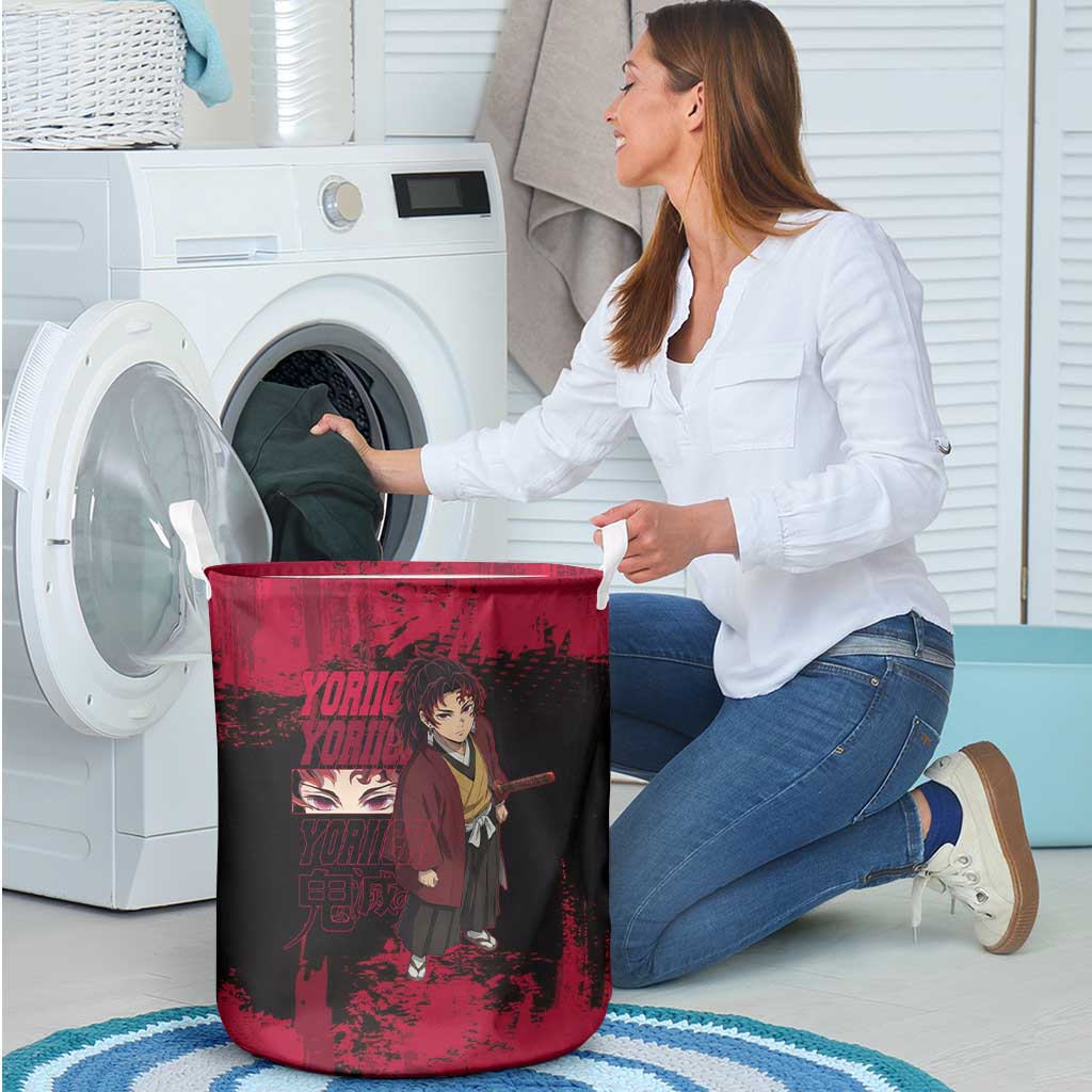 Yoriichi Tsugikuni Demon Slayer Red Grunge Design Laundry Basket with Intense Eyes and Sword Stance - The Mazicc