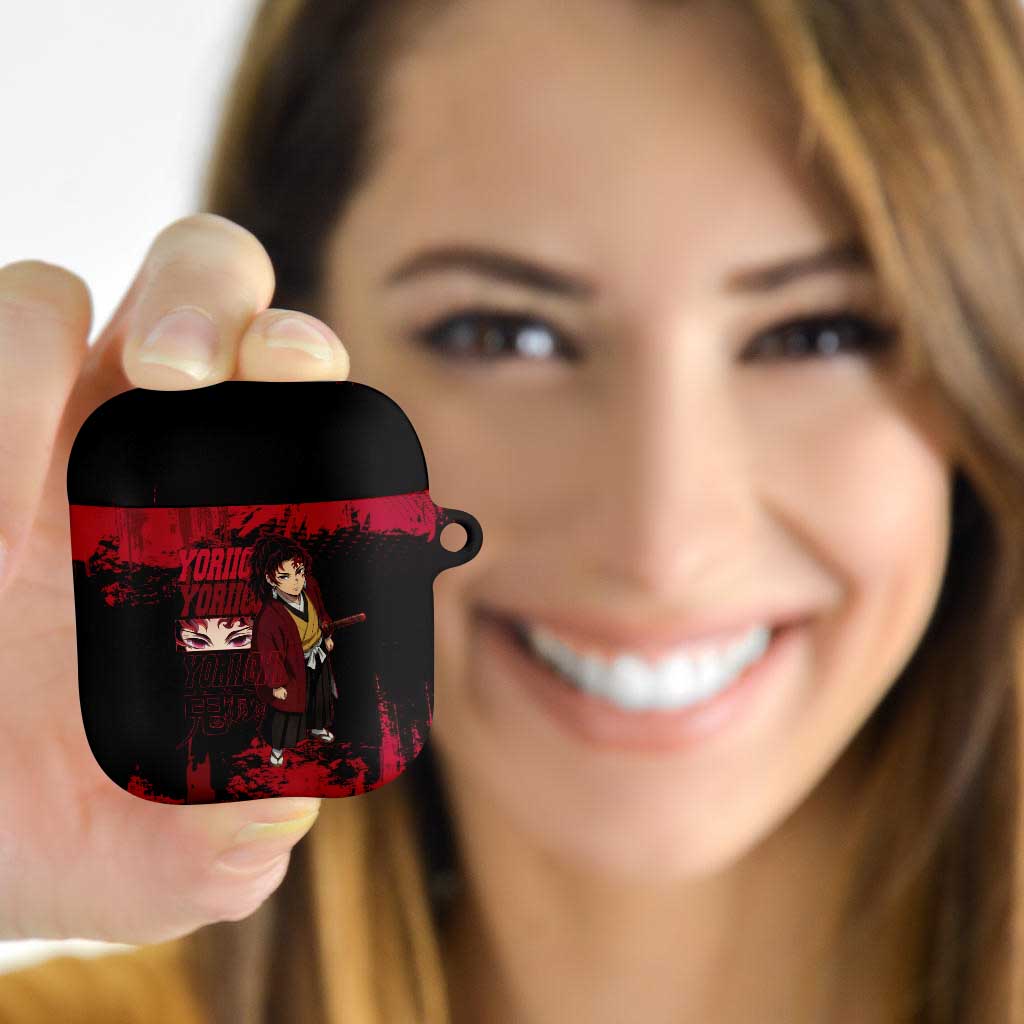 Yoriichi Tsugikuni Demon Slayer Red Grunge Design AirPods Case with Intense Eyes and Sword Stance - The Mazicc