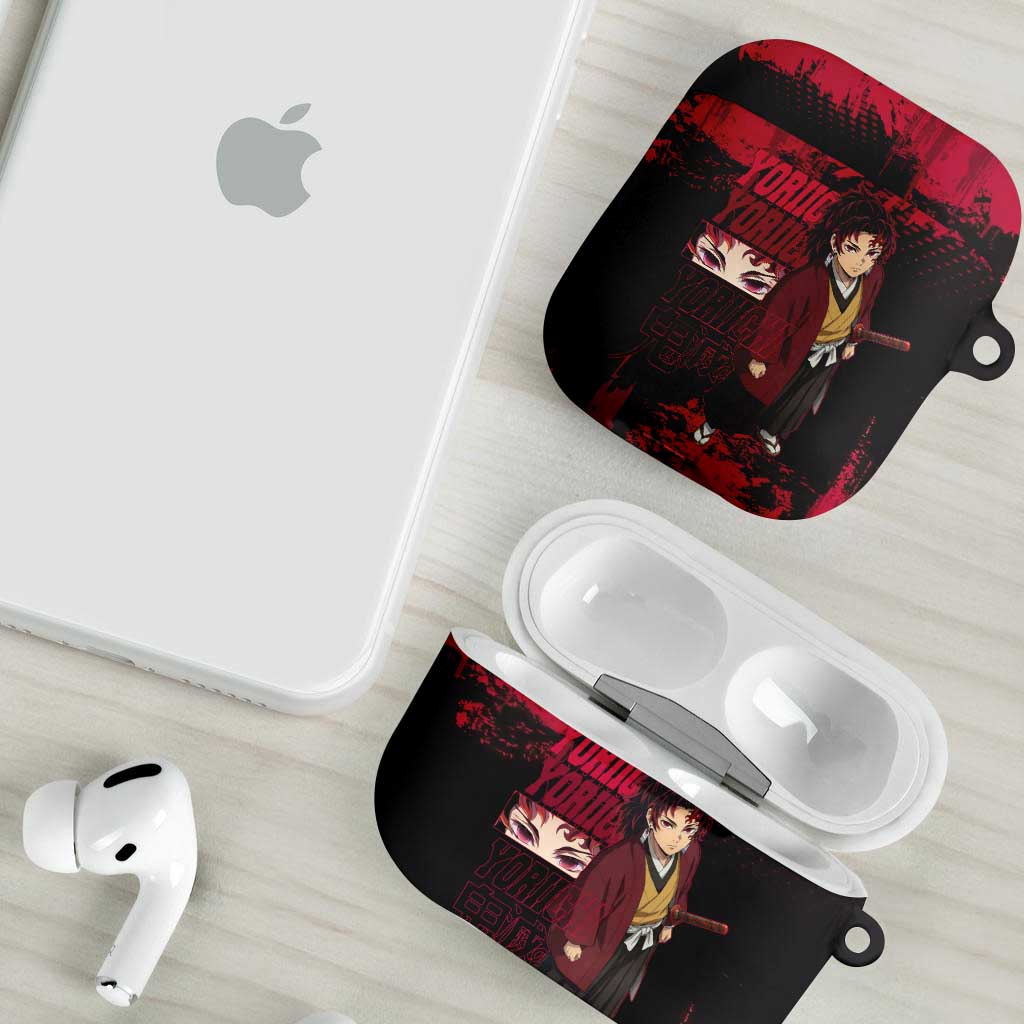 Yoriichi Tsugikuni Demon Slayer Red Grunge Design AirPods Case with Intense Eyes and Sword Stance - The Mazicc