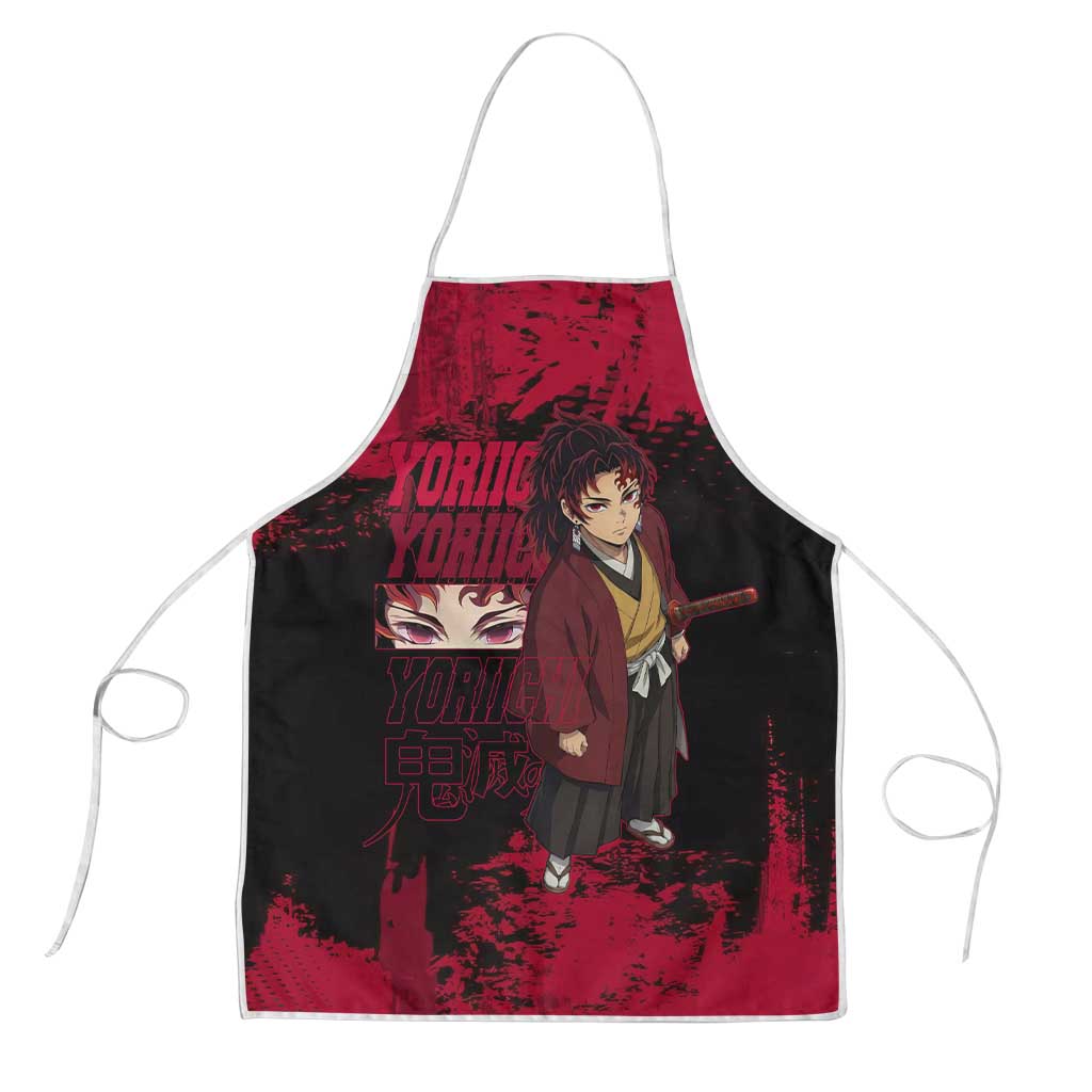 Yoriichi Tsugikuni Demon Slayer Red Grunge Design Apron with Intense Eyes and Sword Stance - The Mazicc