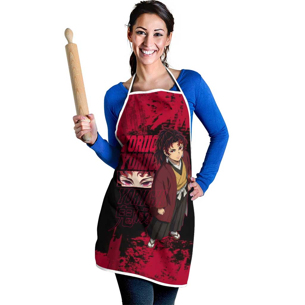 Yoriichi Tsugikuni Demon Slayer Red Grunge Design Apron with Intense Eyes and Sword Stance - The Mazicc