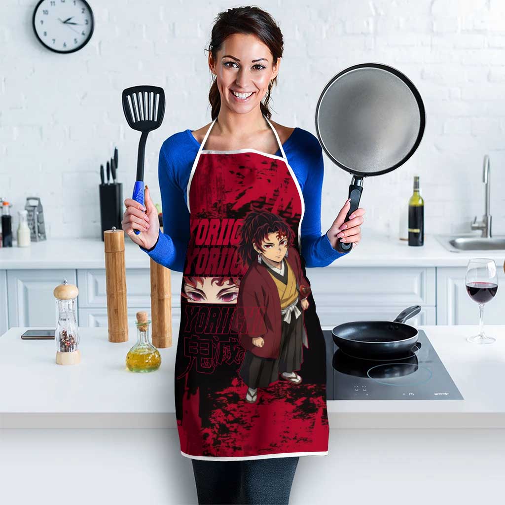 Yoriichi Tsugikuni Demon Slayer Red Grunge Design Apron with Intense Eyes and Sword Stance - The Mazicc