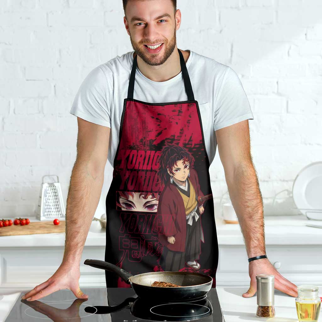 Yoriichi Tsugikuni Demon Slayer Red Grunge Design Apron with Intense Eyes and Sword Stance - The Mazicc