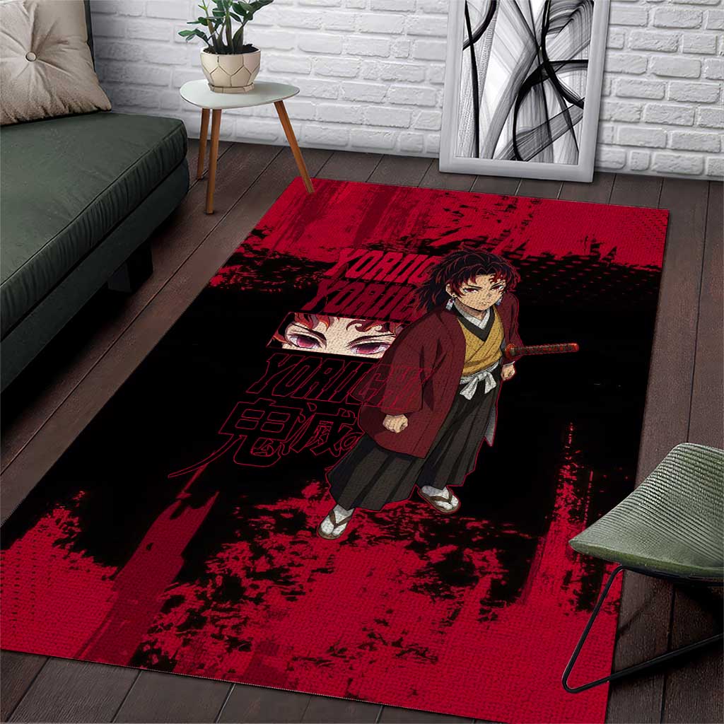 Yoriichi Tsugikuni Demon Slayer Red Grunge Design Area Rug with Intense Eyes and Sword Stance - The Mazicc