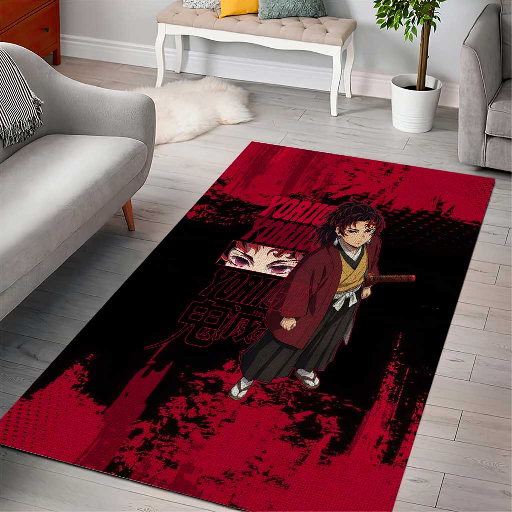 Yoriichi Tsugikuni Demon Slayer Red Grunge Design Area Rug with Intense Eyes and Sword Stance - The Mazicc