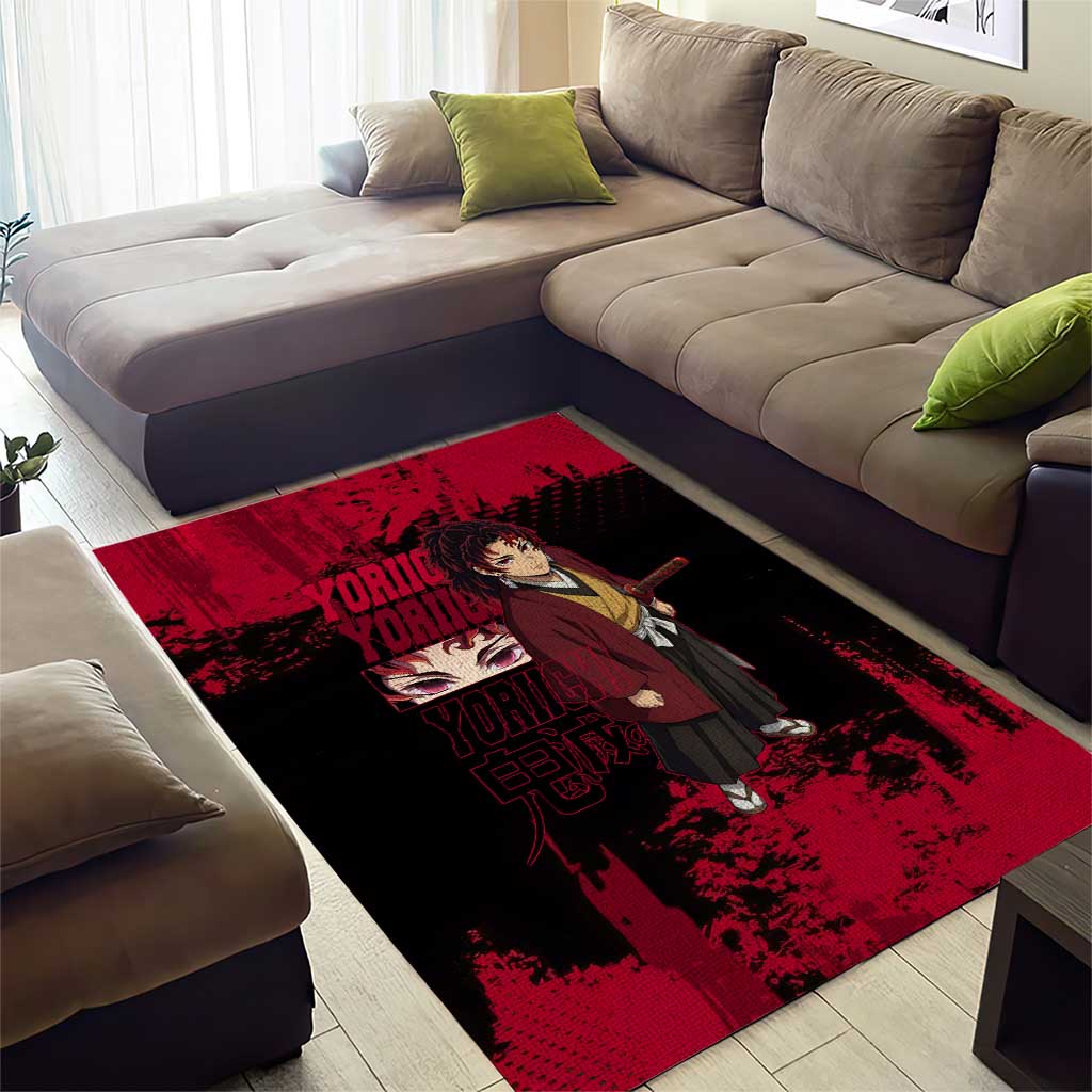 Yoriichi Tsugikuni Demon Slayer Red Grunge Design Area Rug with Intense Eyes and Sword Stance - The Mazicc