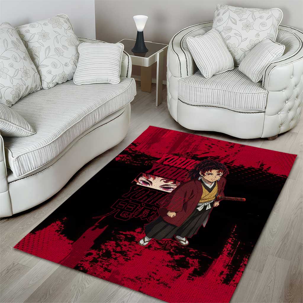Yoriichi Tsugikuni Demon Slayer Red Grunge Design Area Rug with Intense Eyes and Sword Stance - The Mazicc
