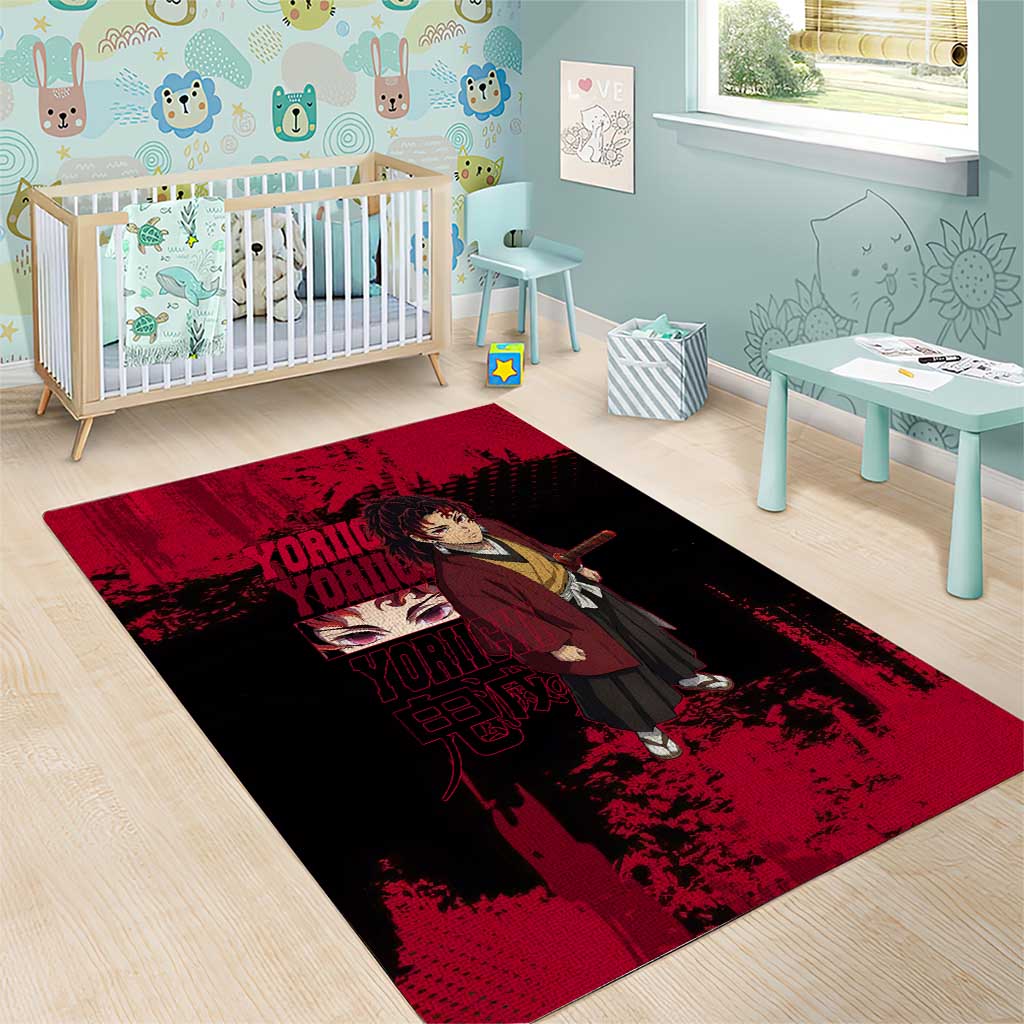 Yoriichi Tsugikuni Demon Slayer Red Grunge Design Area Rug with Intense Eyes and Sword Stance - The Mazicc