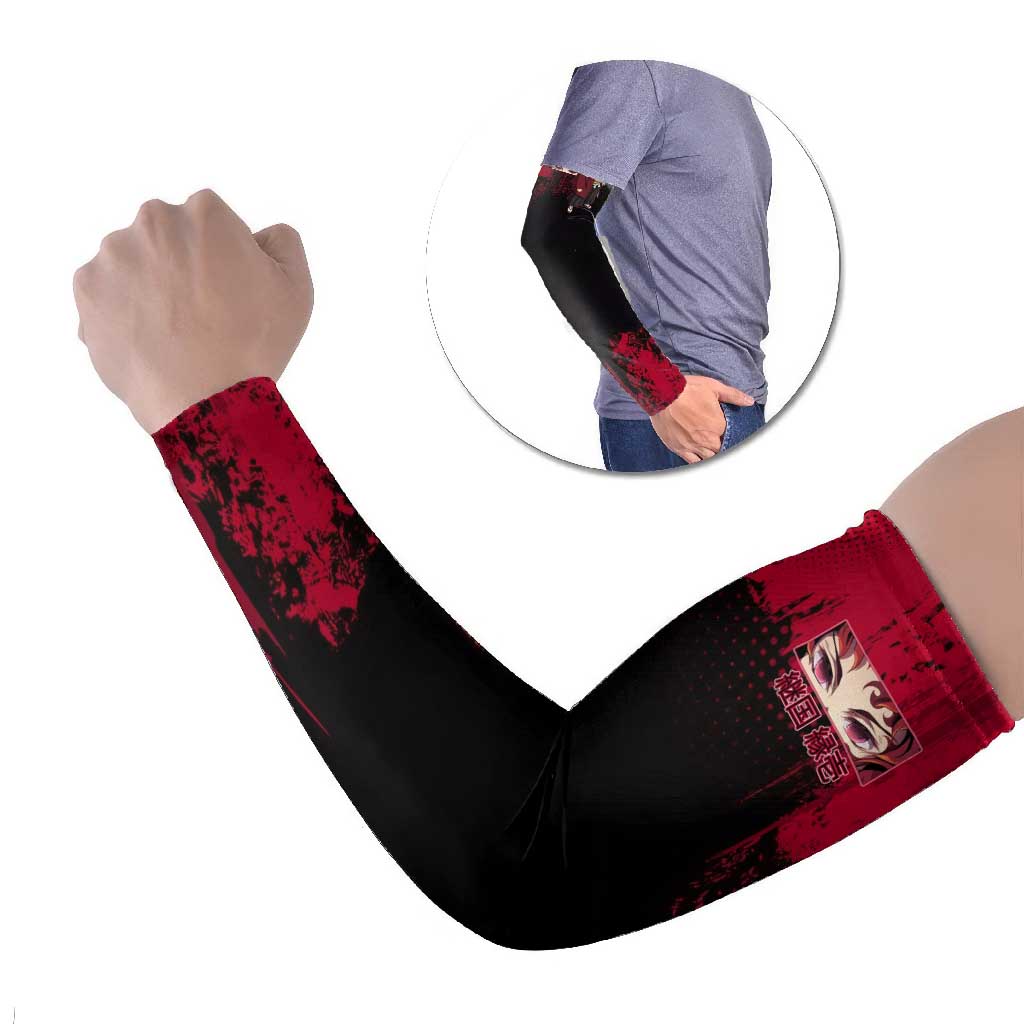 Yoriichi Tsugikuni Demon Slayer Red Grunge Design Arm Sleeves with Intense Eyes and Sword Stance - The Mazicc