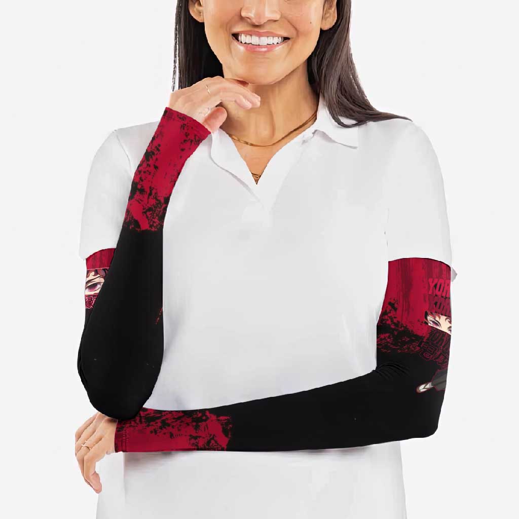 Yoriichi Tsugikuni Demon Slayer Red Grunge Design Arm Sleeves with Intense Eyes and Sword Stance - The Mazicc