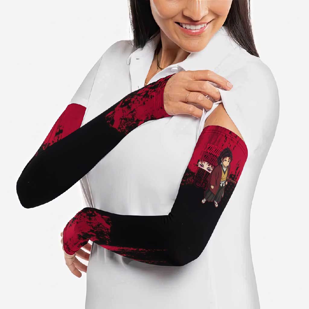 Yoriichi Tsugikuni Demon Slayer Red Grunge Design Arm Sleeves with Intense Eyes and Sword Stance - The Mazicc
