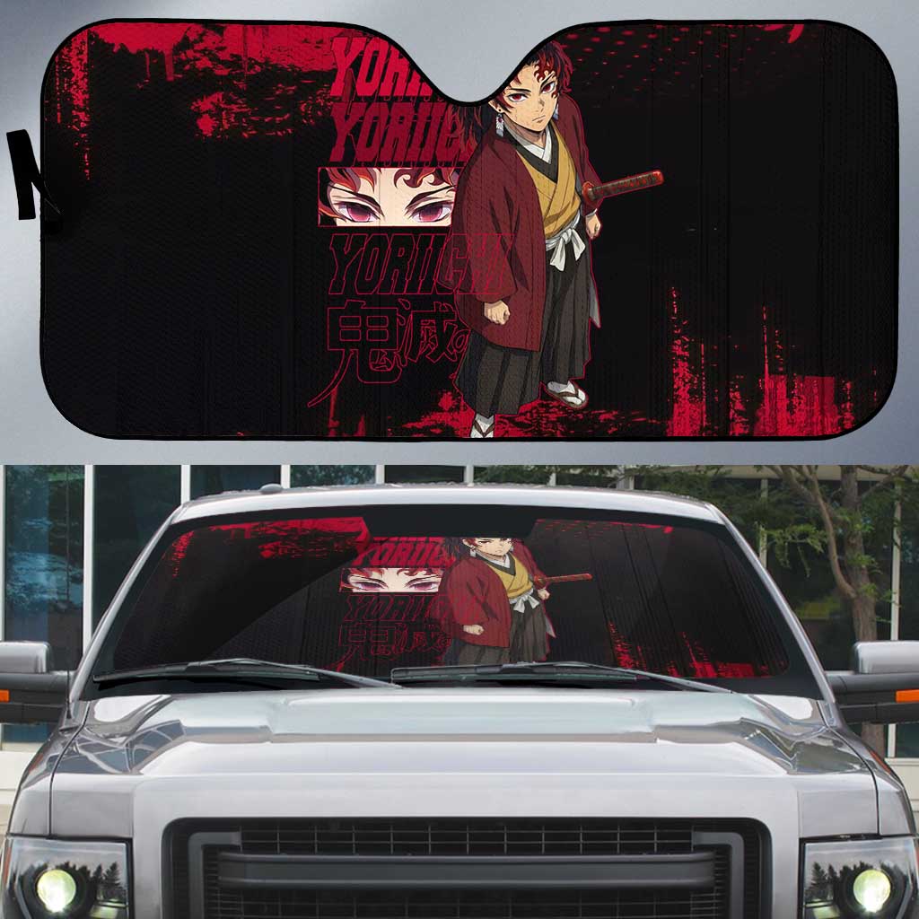 Yoriichi Tsugikuni Demon Slayer Red Grunge Design Auto Sun Shade with Intense Eyes and Sword Stance - The Mazicc