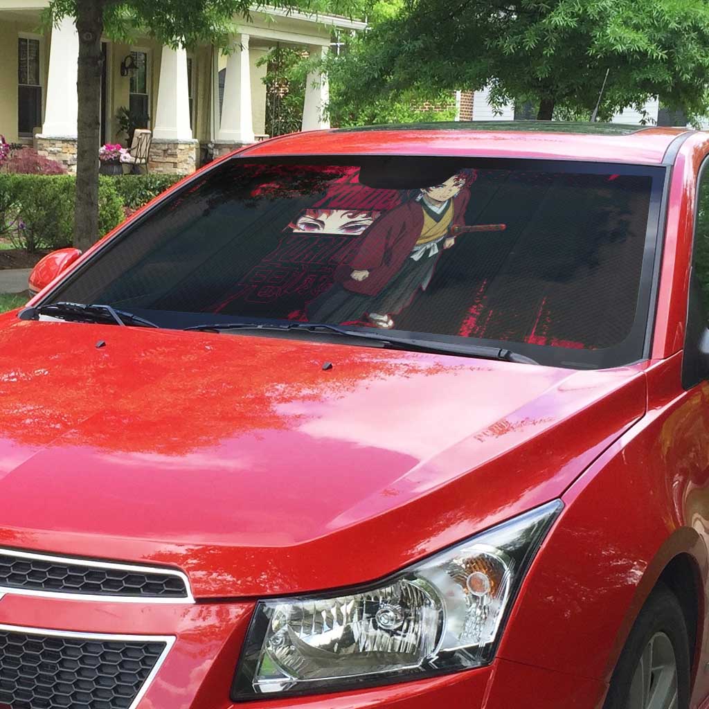 Yoriichi Tsugikuni Demon Slayer Red Grunge Design Auto Sun Shade with Intense Eyes and Sword Stance - The Mazicc