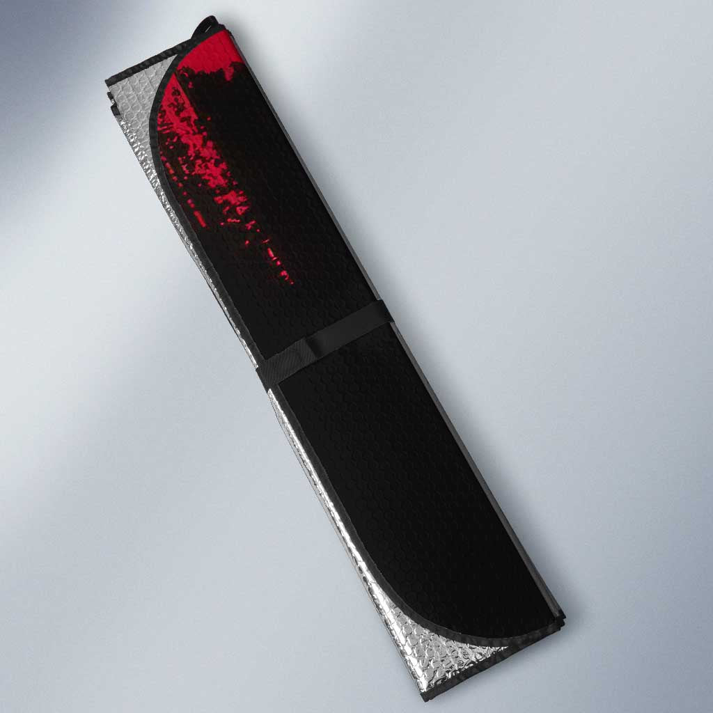 Yoriichi Tsugikuni Demon Slayer Red Grunge Design Auto Sun Shade with Intense Eyes and Sword Stance - The Mazicc