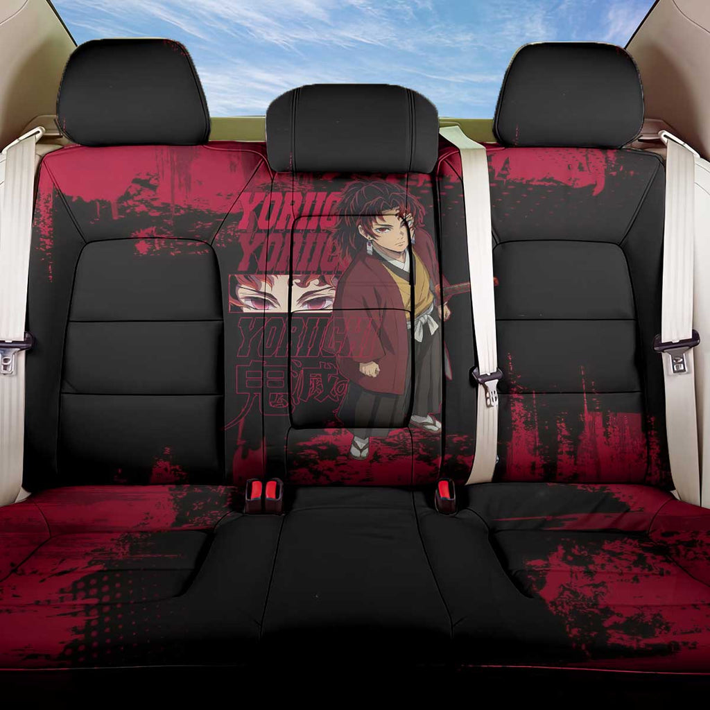 Yoriichi Tsugikuni Demon Slayer Red Grunge Design Back Car Seat Cover with Intense Eyes and Sword Stance - The Mazicc