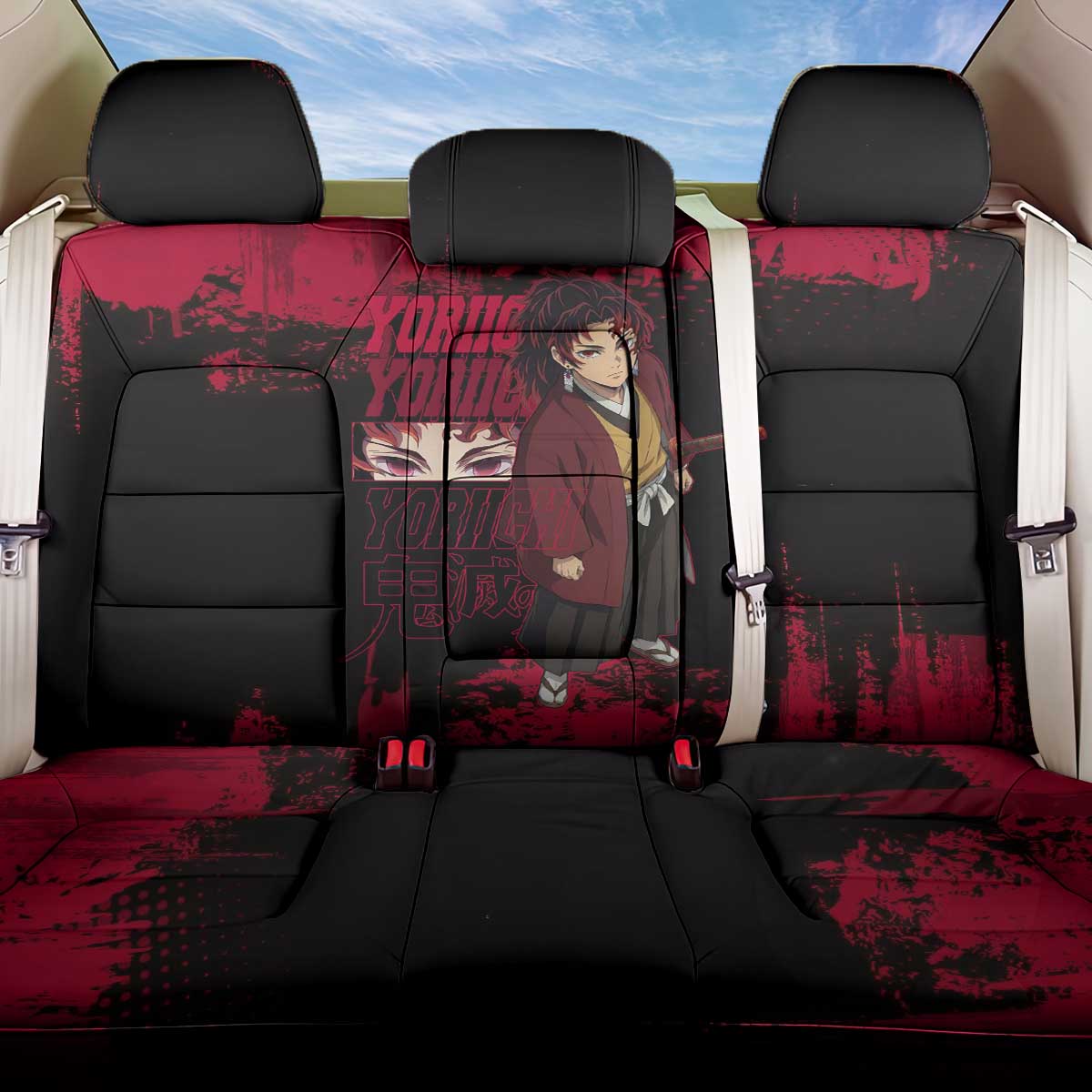 Yoriichi Tsugikuni Demon Slayer Red Grunge Design Back Car Seat Cover with Intense Eyes and Sword Stance - The Mazicc
