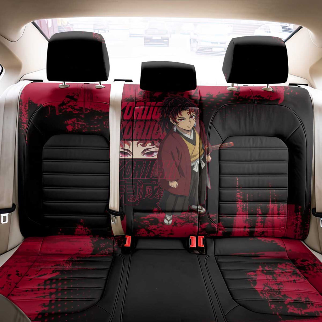 Yoriichi Tsugikuni Demon Slayer Red Grunge Design Back Car Seat Cover with Intense Eyes and Sword Stance - The Mazicc