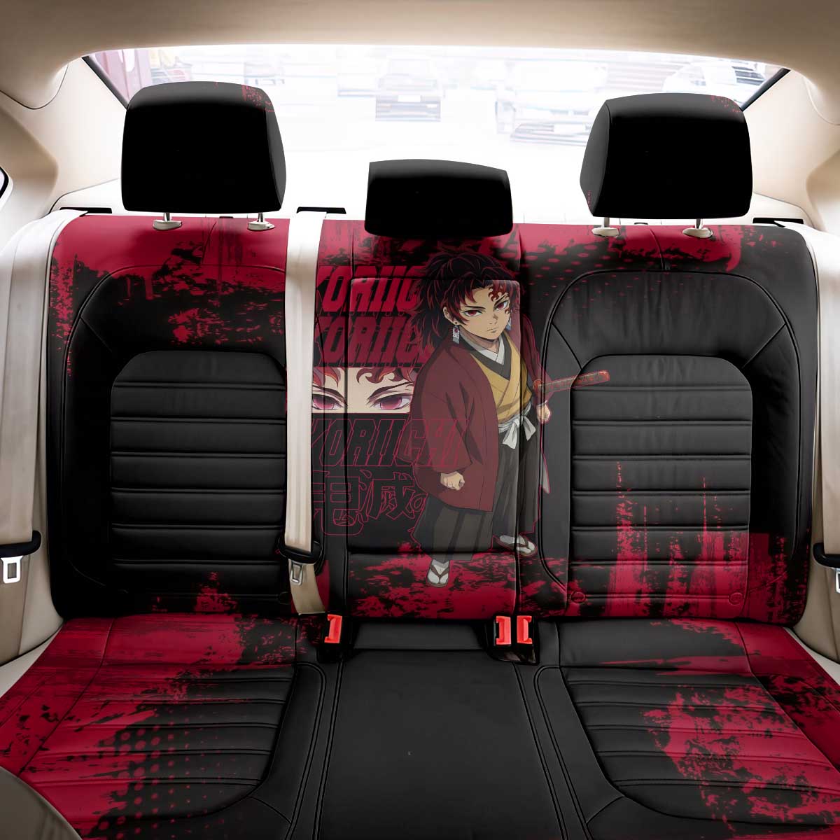 Yoriichi Tsugikuni Demon Slayer Red Grunge Design Back Car Seat Cover with Intense Eyes and Sword Stance - The Mazicc
