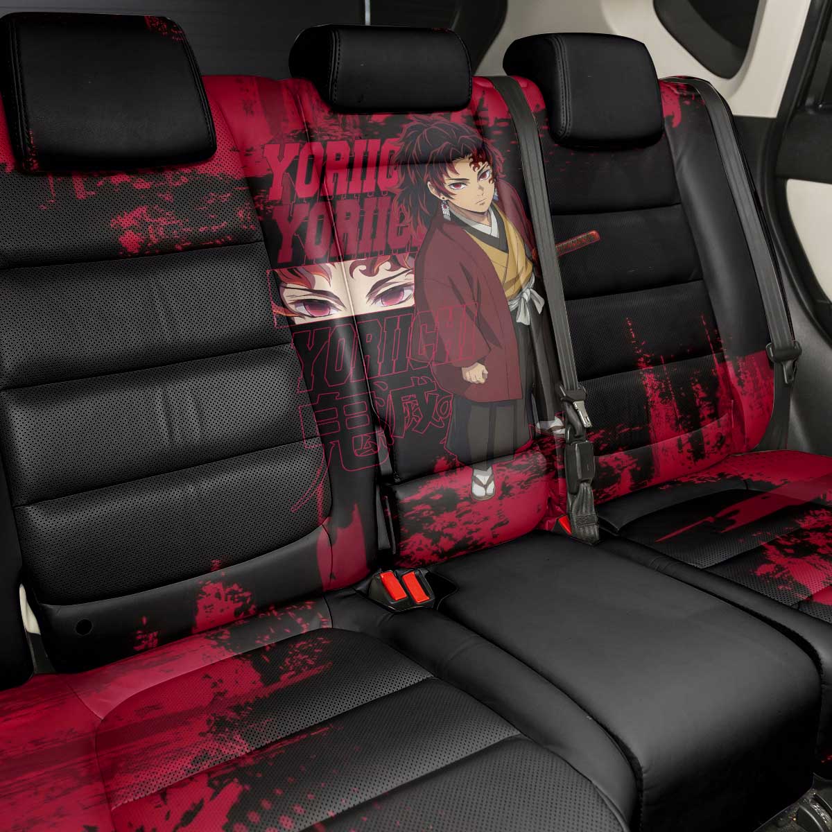 Yoriichi Tsugikuni Demon Slayer Red Grunge Design Back Car Seat Cover with Intense Eyes and Sword Stance - The Mazicc