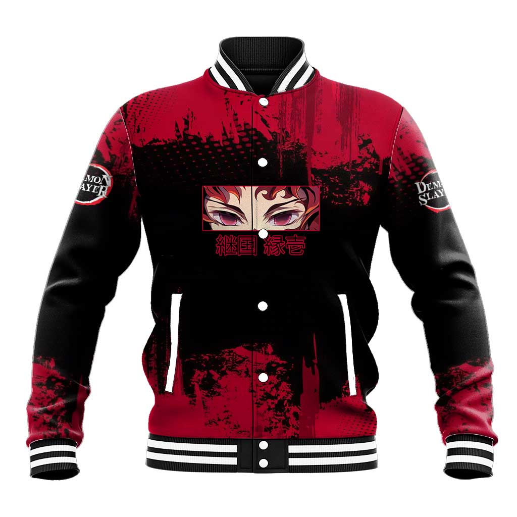 Yoriichi Tsugikuni Demon Slayer Red Grunge Design Baseball Jacket with Intense Eyes and Sword Stance - The Mazicc