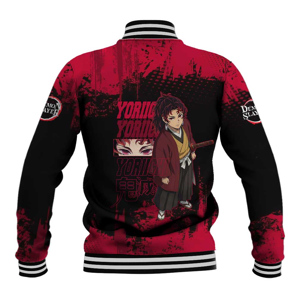 Yoriichi Tsugikuni Demon Slayer Red Grunge Design Baseball Jacket with Intense Eyes and Sword Stance - The Mazicc