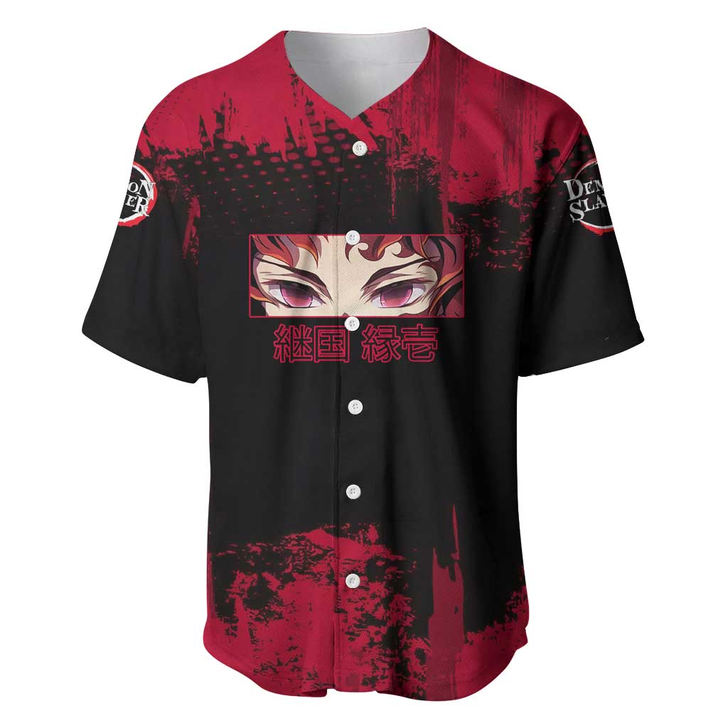 Yoriichi Tsugikuni Demon Slayer Red Grunge Design Baseball Jersey with Intense Eyes and Sword Stance - The Mazicc