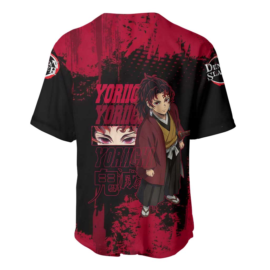 Yoriichi Tsugikuni Demon Slayer Red Grunge Design Baseball Jersey with Intense Eyes and Sword Stance - The Mazicc