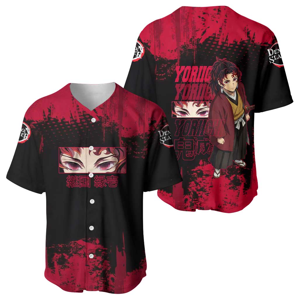 Yoriichi Tsugikuni Demon Slayer Red Grunge Design Baseball Jersey with Intense Eyes and Sword Stance - The Mazicc