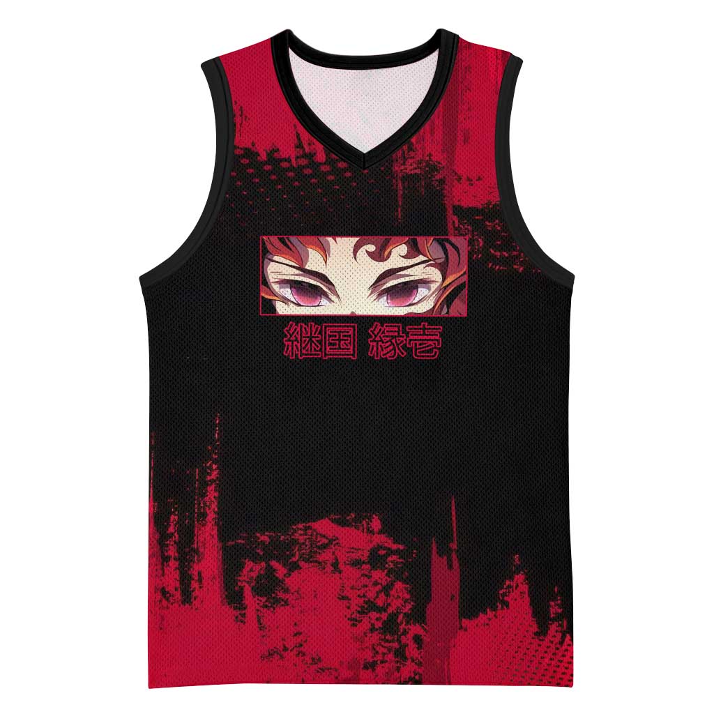 Yoriichi Tsugikuni Demon Slayer Red Grunge Design Basketball Jersey with Intense Eyes and Sword Stance - The Mazicc