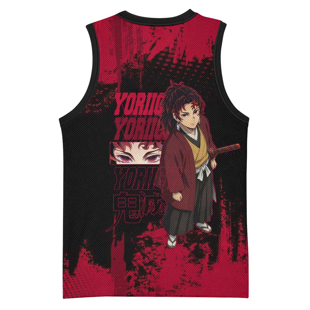 Yoriichi Tsugikuni Demon Slayer Red Grunge Design Basketball Jersey with Intense Eyes and Sword Stance - The Mazicc