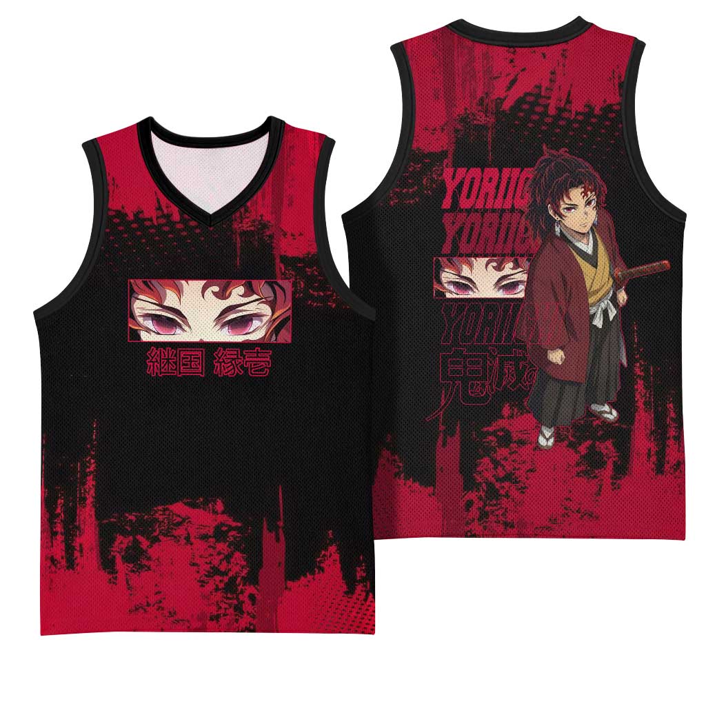 Yoriichi Tsugikuni Demon Slayer Red Grunge Design Basketball Jersey with Intense Eyes and Sword Stance - The Mazicc