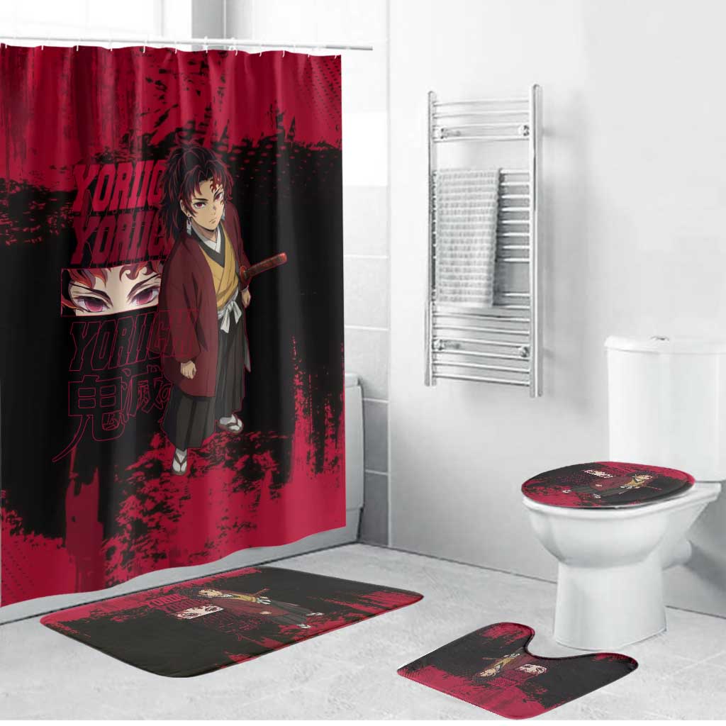 Yoriichi Tsugikuni Demon Slayer Red Grunge Design Bathroom Set with Intense Eyes and Sword Stance - The Mazicc