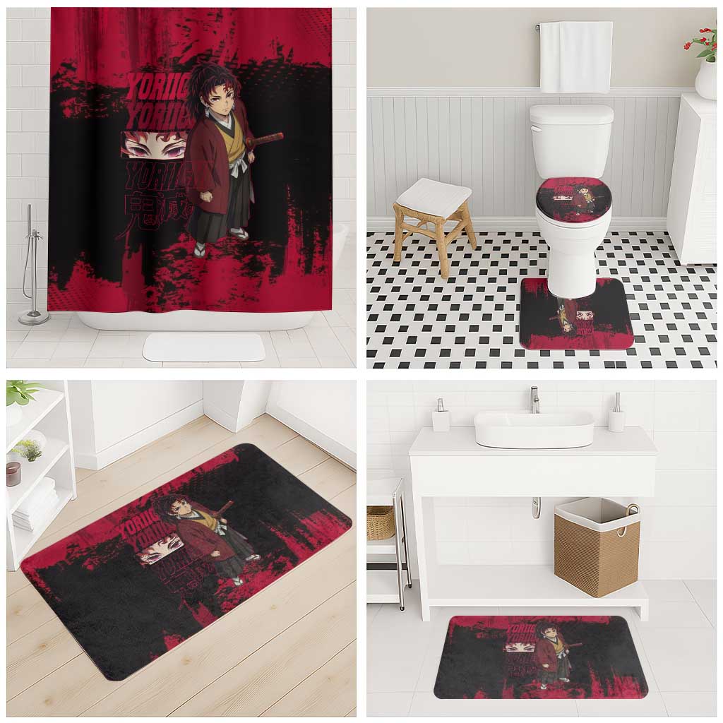 Yoriichi Tsugikuni Demon Slayer Red Grunge Design Bathroom Set with Intense Eyes and Sword Stance - The Mazicc