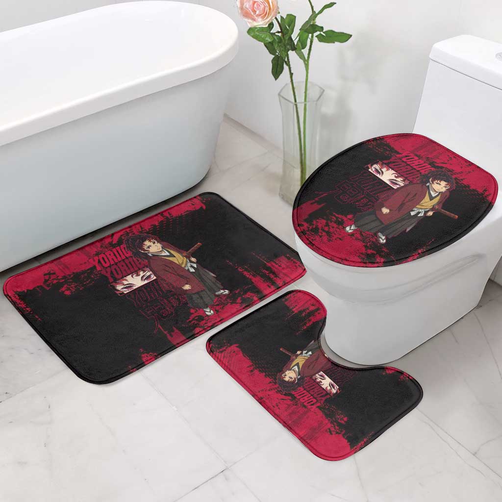 Yoriichi Tsugikuni Demon Slayer Red Grunge Design Bathroom Set with Intense Eyes and Sword Stance - The Mazicc