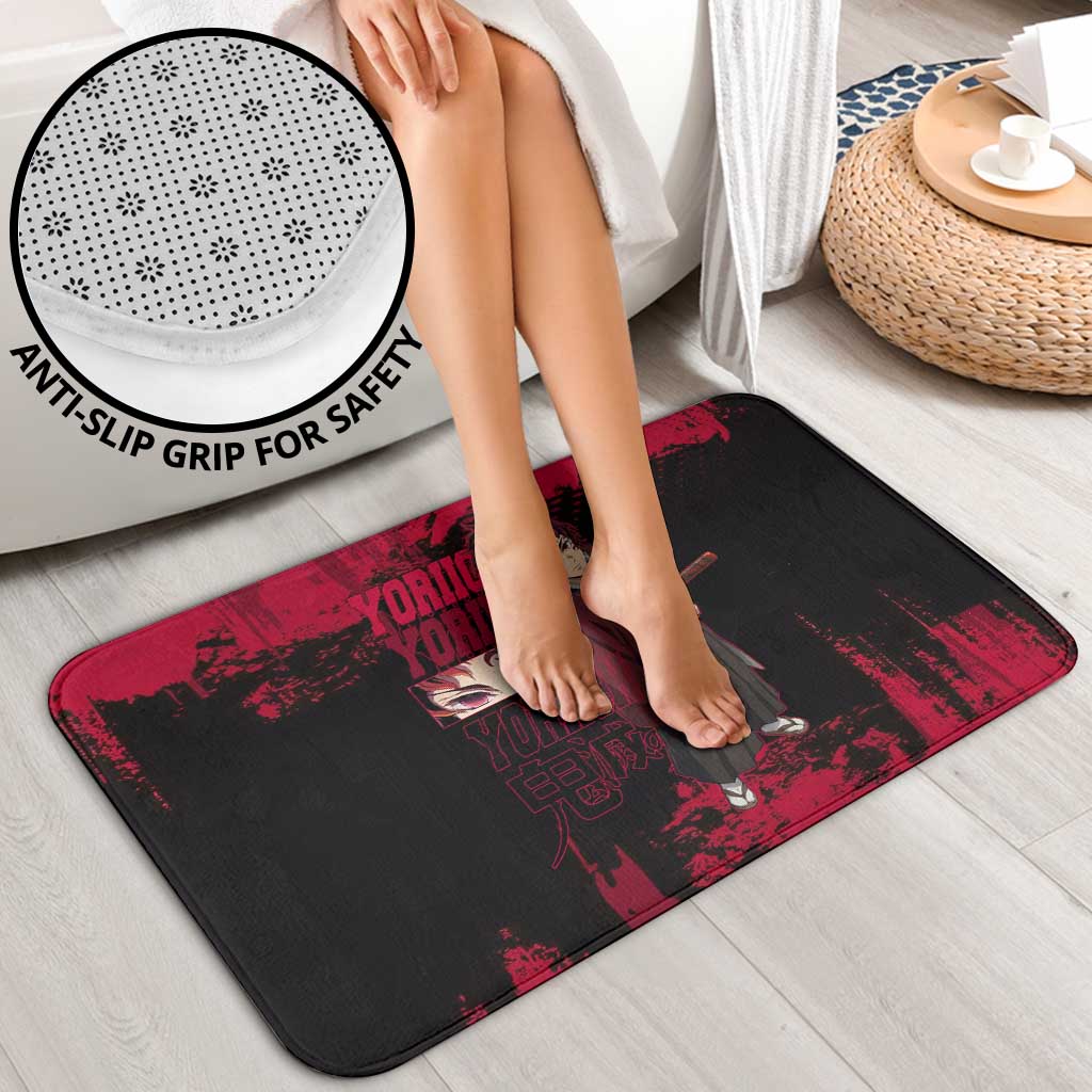 Yoriichi Tsugikuni Demon Slayer Red Grunge Design Bathroom Set with Intense Eyes and Sword Stance - The Mazicc