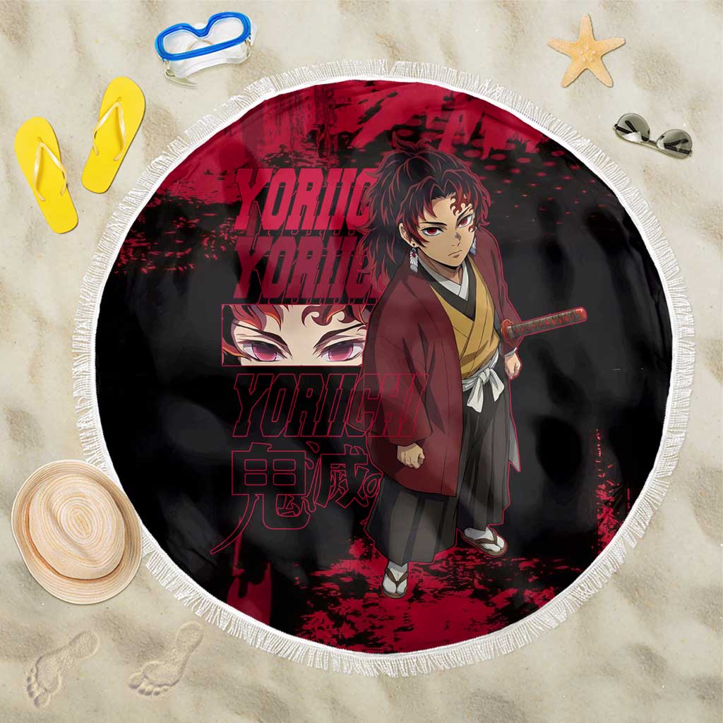 Yoriichi Tsugikuni Demon Slayer Red Grunge Design Beach Blanket with Intense Eyes and Sword Stance - The Mazicc