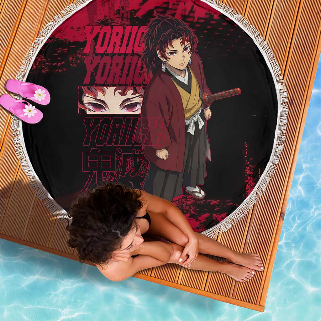 Yoriichi Tsugikuni Demon Slayer Red Grunge Design Beach Blanket with Intense Eyes and Sword Stance - The Mazicc