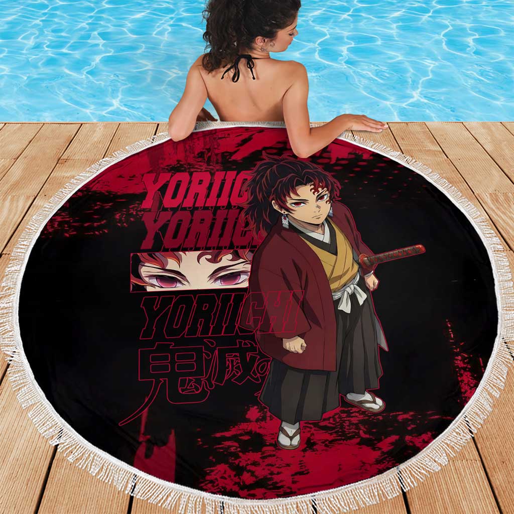 Yoriichi Tsugikuni Demon Slayer Red Grunge Design Beach Blanket with Intense Eyes and Sword Stance - The Mazicc