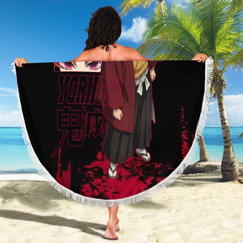 Yoriichi Tsugikuni Demon Slayer Red Grunge Design Beach Blanket with Intense Eyes and Sword Stance - The Mazicc