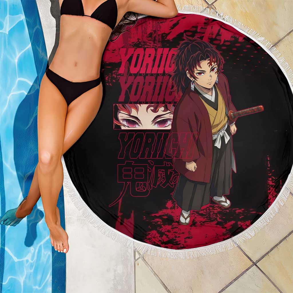 Yoriichi Tsugikuni Demon Slayer Red Grunge Design Beach Blanket with Intense Eyes and Sword Stance - The Mazicc