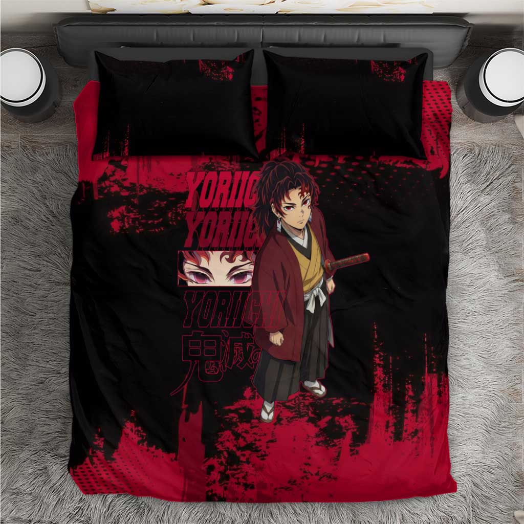 Yoriichi Tsugikuni Demon Slayer Red Grunge Design Bedding Set with Intense Eyes and Sword Stance - The Mazicc