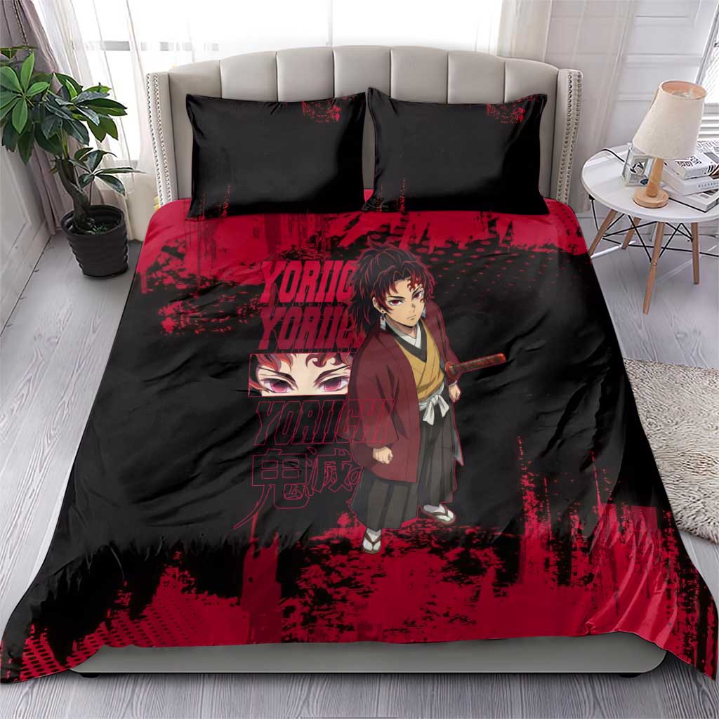 Yoriichi Tsugikuni Demon Slayer Red Grunge Design Bedding Set with Intense Eyes and Sword Stance - The Mazicc