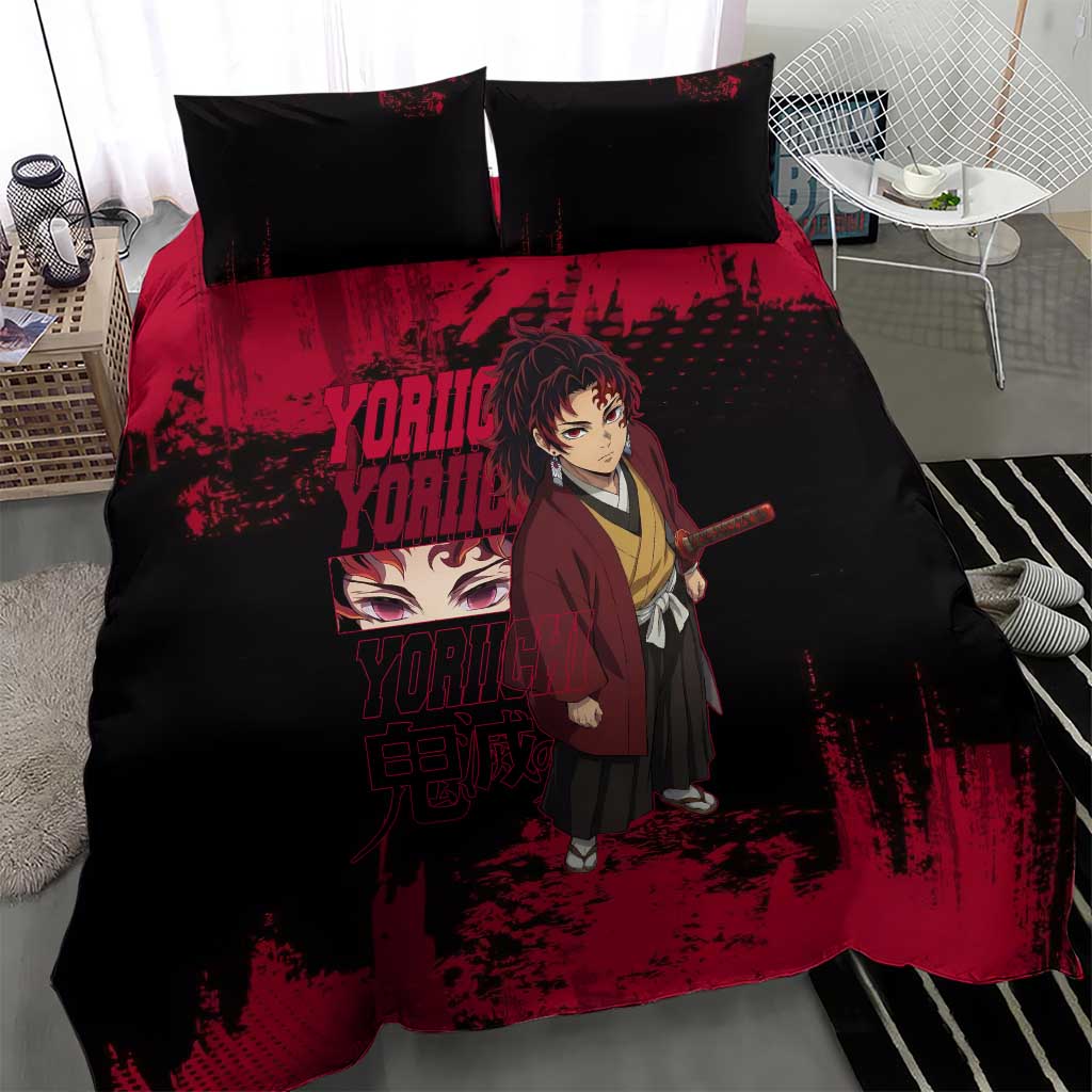 Yoriichi Tsugikuni Demon Slayer Red Grunge Design Bedding Set with Intense Eyes and Sword Stance - The Mazicc