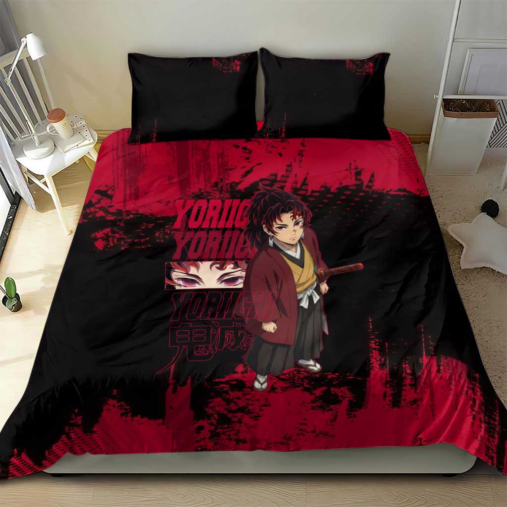 Yoriichi Tsugikuni Demon Slayer Red Grunge Design Bedding Set with Intense Eyes and Sword Stance - The Mazicc