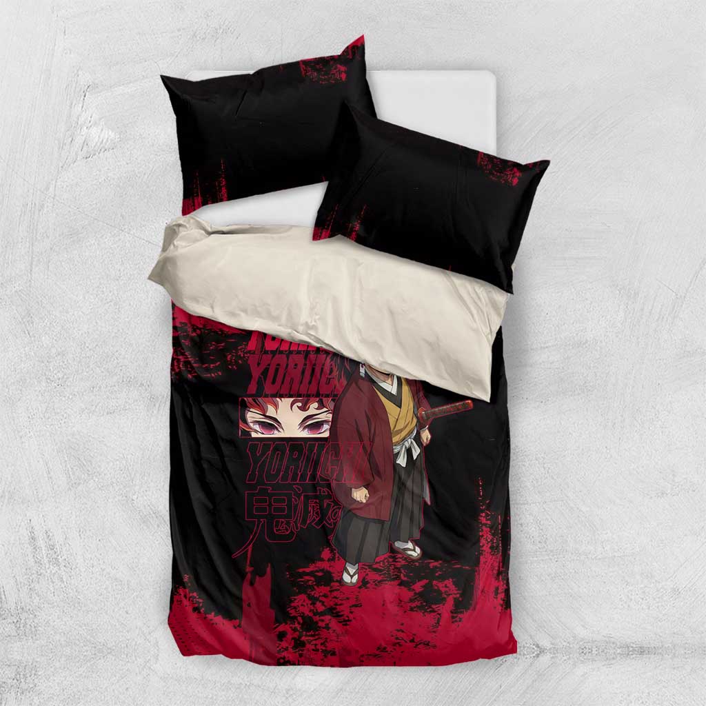 Yoriichi Tsugikuni Demon Slayer Red Grunge Design Bedding Set with Intense Eyes and Sword Stance - The Mazicc
