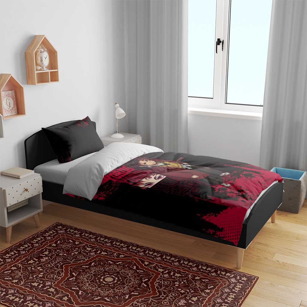 Yoriichi Tsugikuni Demon Slayer Red Grunge Design Bedding Set with Intense Eyes and Sword Stance - The Mazicc