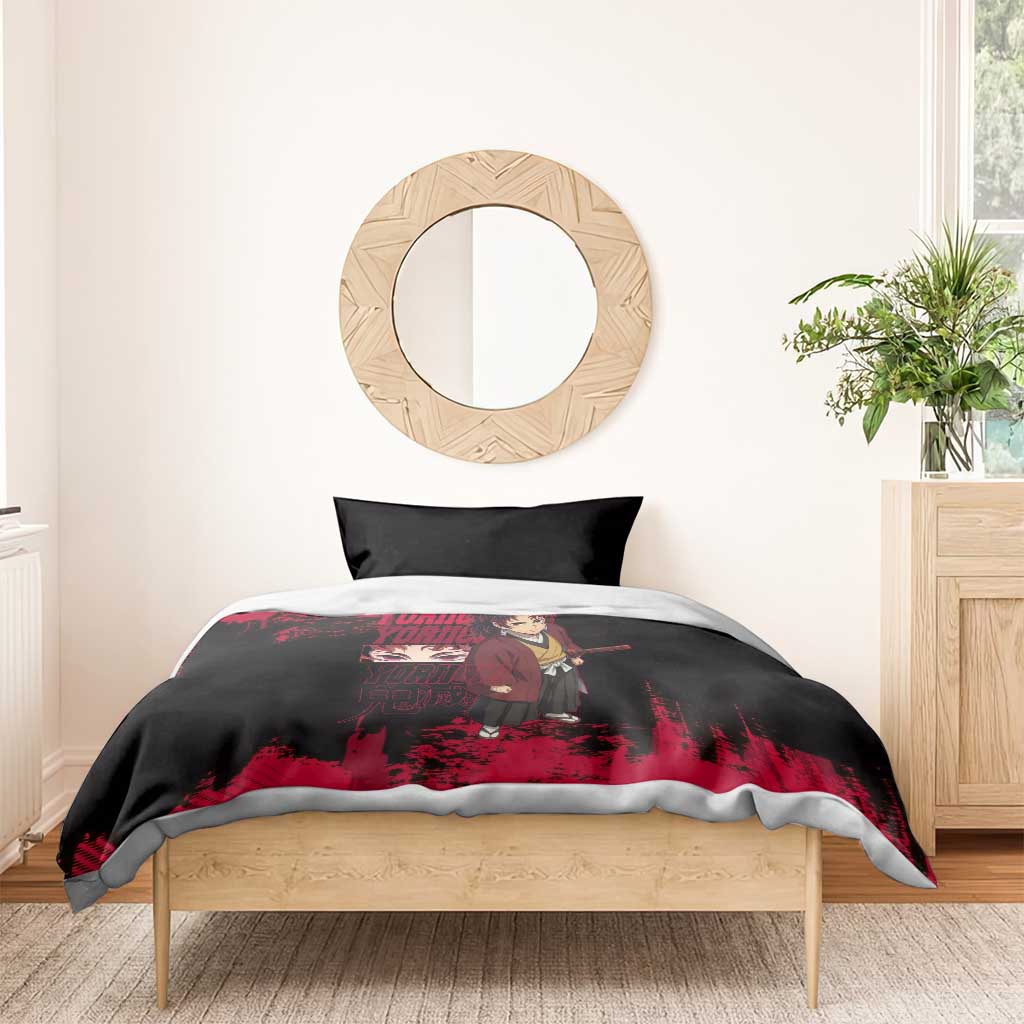 Yoriichi Tsugikuni Demon Slayer Red Grunge Design Bedding Set with Intense Eyes and Sword Stance - The Mazicc