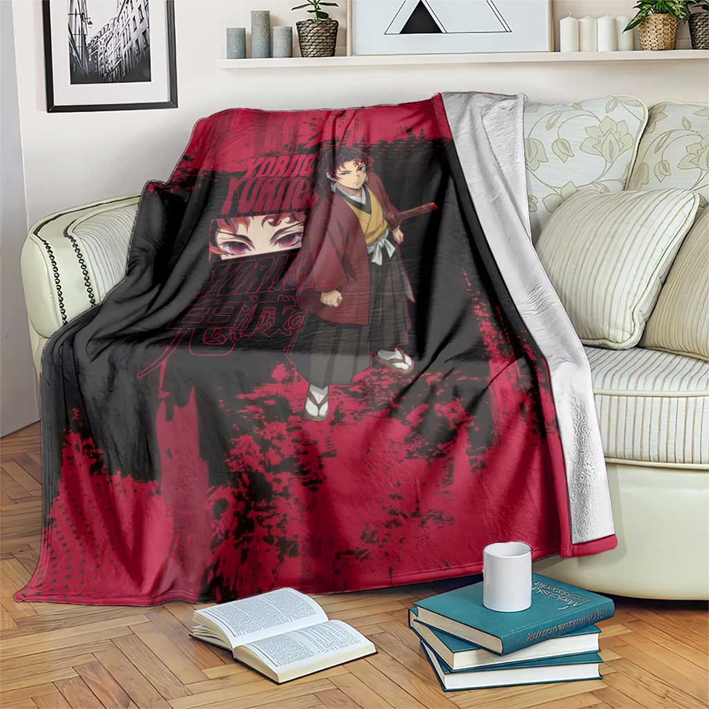 Yoriichi Tsugikuni Demon Slayer Red Grunge Design Blanket with Intense Eyes and Sword Stance - The Mazicc