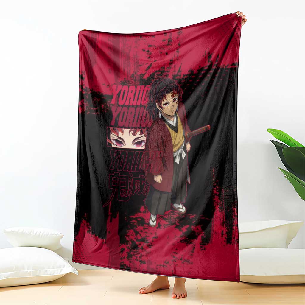 Yoriichi Tsugikuni Demon Slayer Red Grunge Design Blanket with Intense Eyes and Sword Stance - The Mazicc