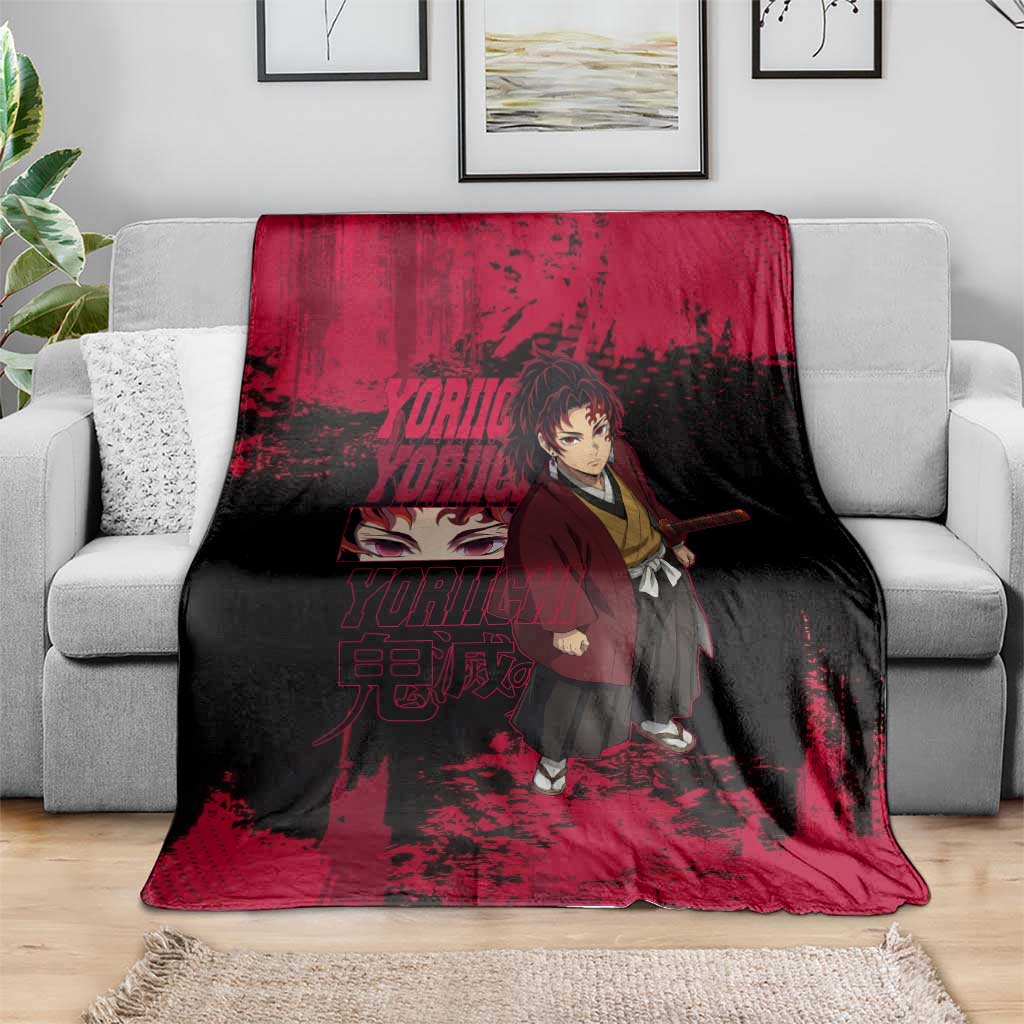 Yoriichi Tsugikuni Demon Slayer Red Grunge Design Blanket with Intense Eyes and Sword Stance - The Mazicc